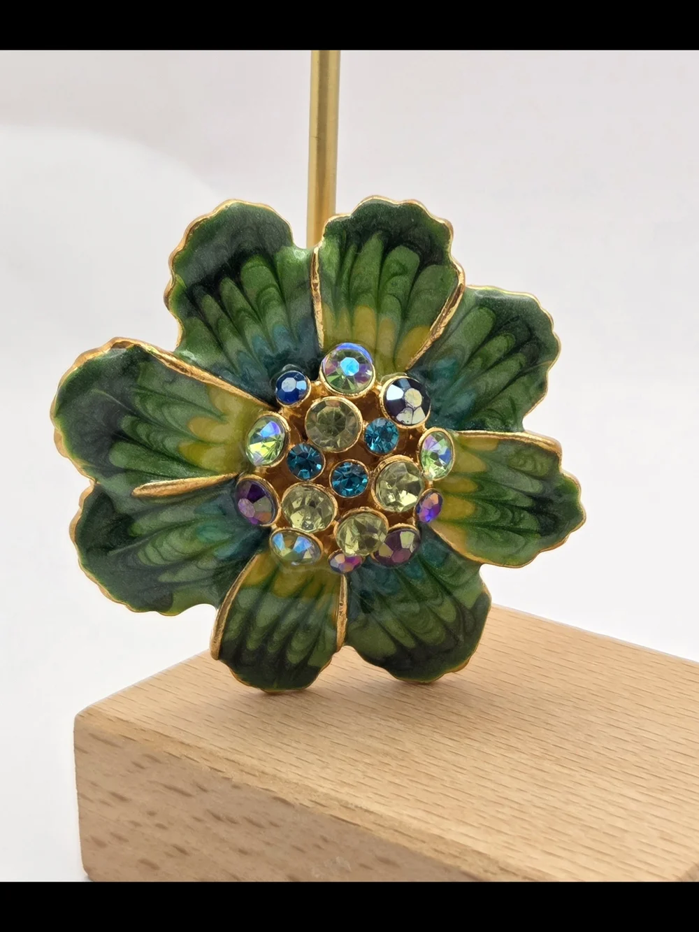 Vintage Enamel Green Flower Brooch AB Rhinestone Center Gold Tone Pin